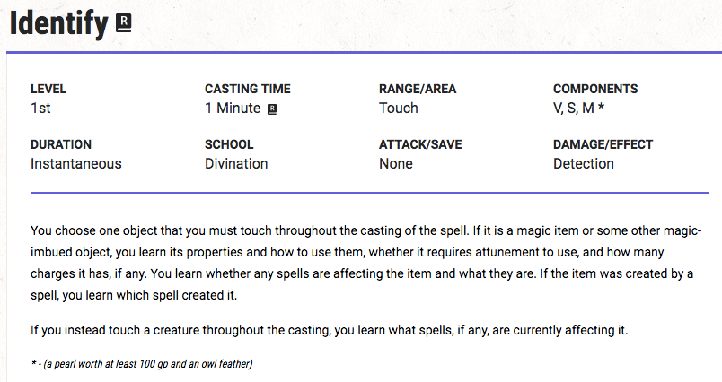 You choose one object that you must touch throughout the casting of the spell. If it is a magic item or some other magic-imbued object, you learn its properties and how to use them, whether it requires attunement to use, and how many charges it has, if any. You learn whether any spells are affecting the item and what they are. If the item was created by a spell, you learn which spell created it.