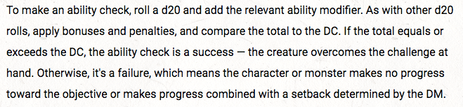 To make an ability check, roll a d20 and add the relevant ability modifier. As with other d20 rolls, apply bonuses and penalties, and compare the total to the DC. If the total equals or exceeds the DC, the ability check is a success — the creature overcomes the challenge at hand. Otherwise, it's a failure, which means the character or monster makes no progress toward the objective or makes progress combined with a setback determined by the DM.