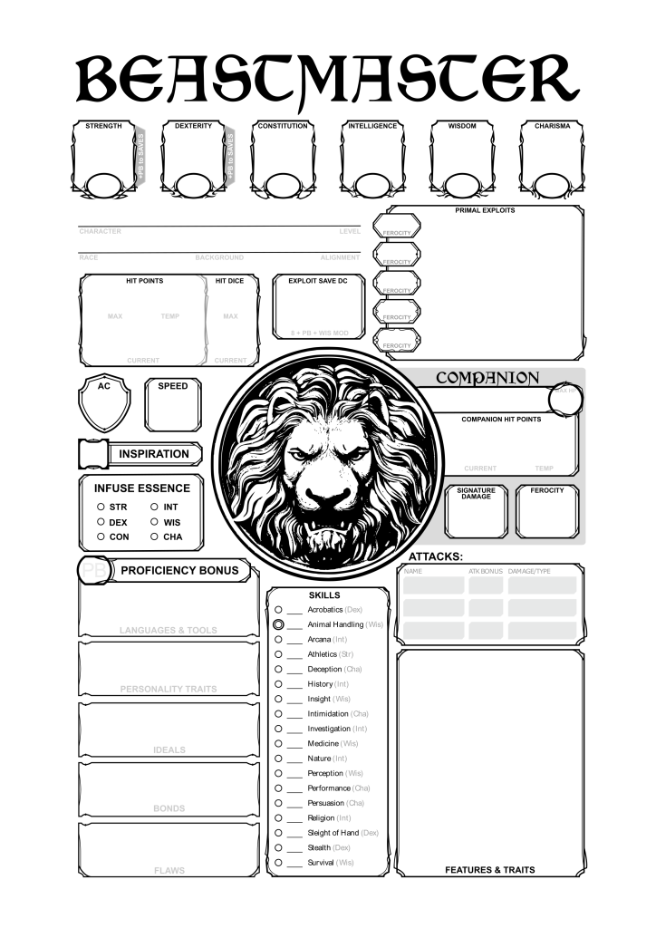 A custom character sheet for MCDM's Beastmaster class.